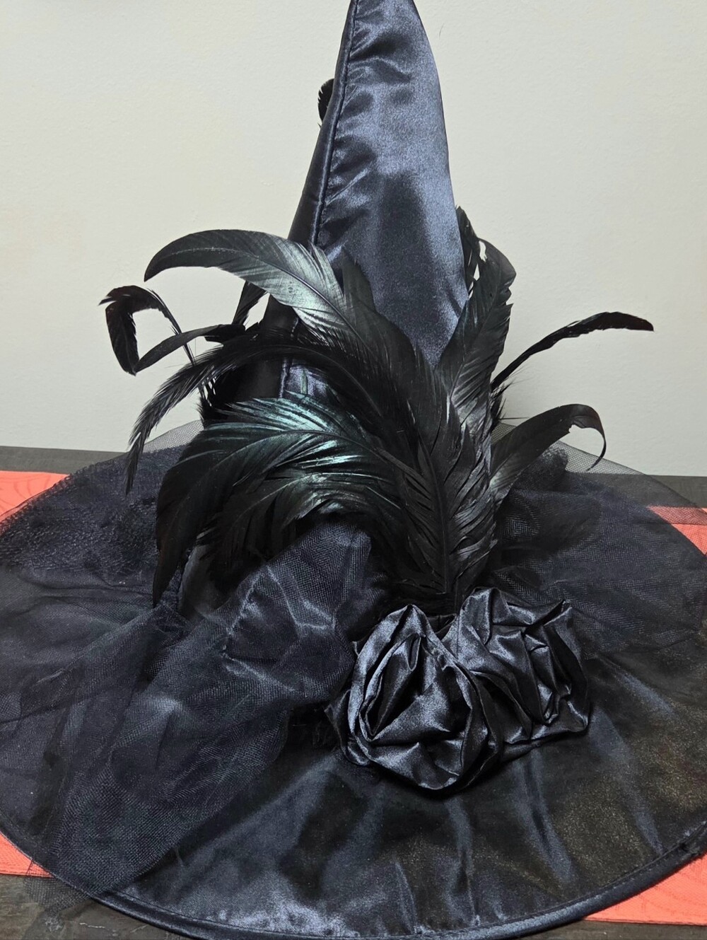 Black Satin Witch Hat with Rosettes and Feather Accent -